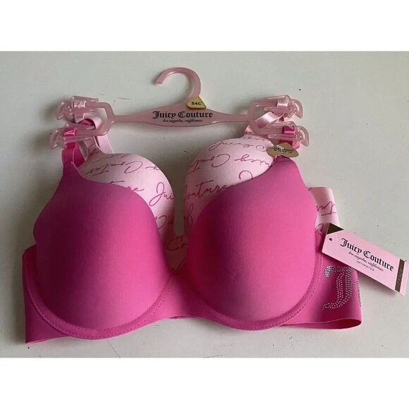 2 Pack Juicy Couture Sleek & Smooth Bra Sz 34C Lined Pink Bling Logo JC5149 NEW - Picture 1 of 8